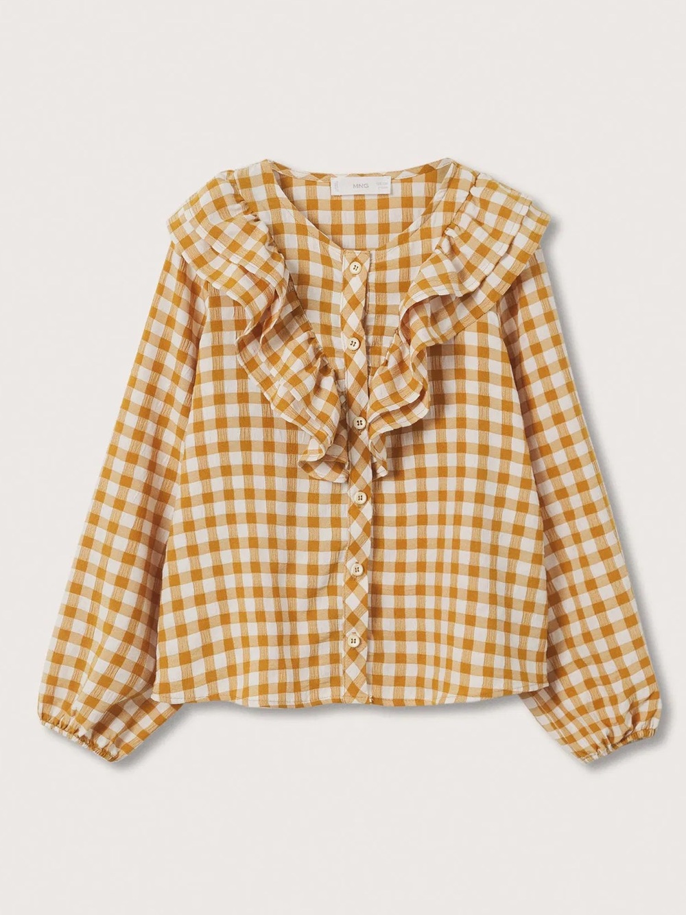 Mango MNG Girls Mustard Gingham Ruffle Button-Front Top